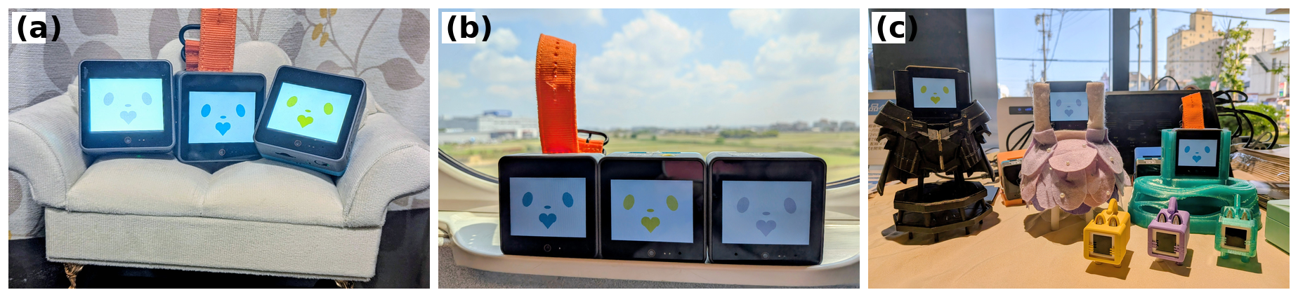 The three robots at home, on a bullet train, and in different fabricated bodies